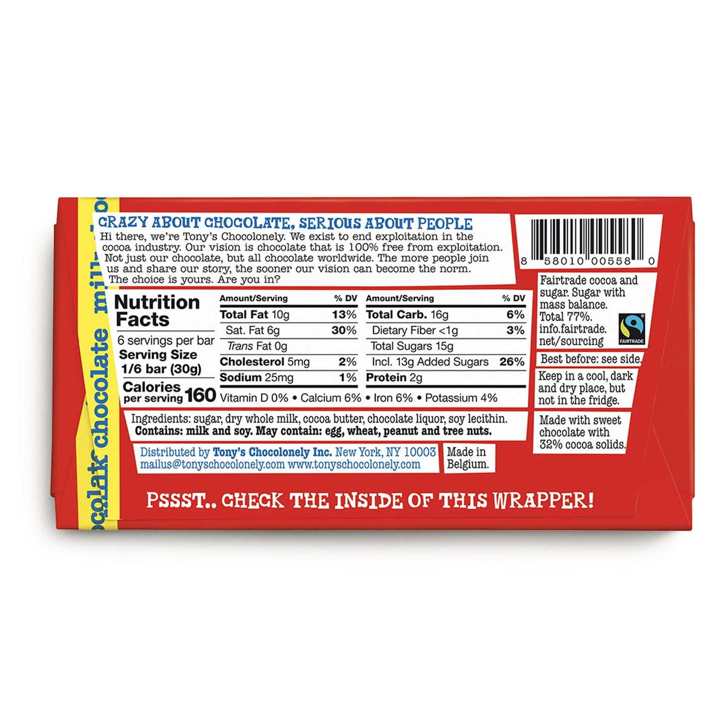 Tablette de chocolat au lait 32 % Chocolonely de Tony, 180 g