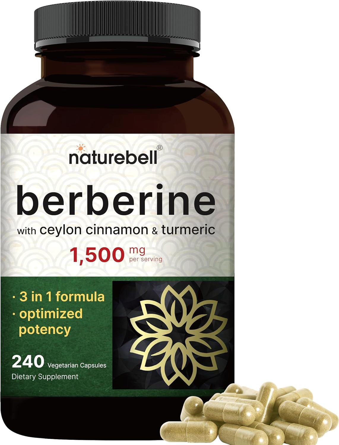 NatureBell Berberine Supplement 1,500mg with Ceylon Cinnamon & Turmeric Root, 240 Capsules