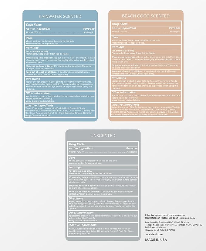 Spray désinfectant hydratant pour les mains Touchland Power Mist, sans colorant, lot de 3, 90 ml