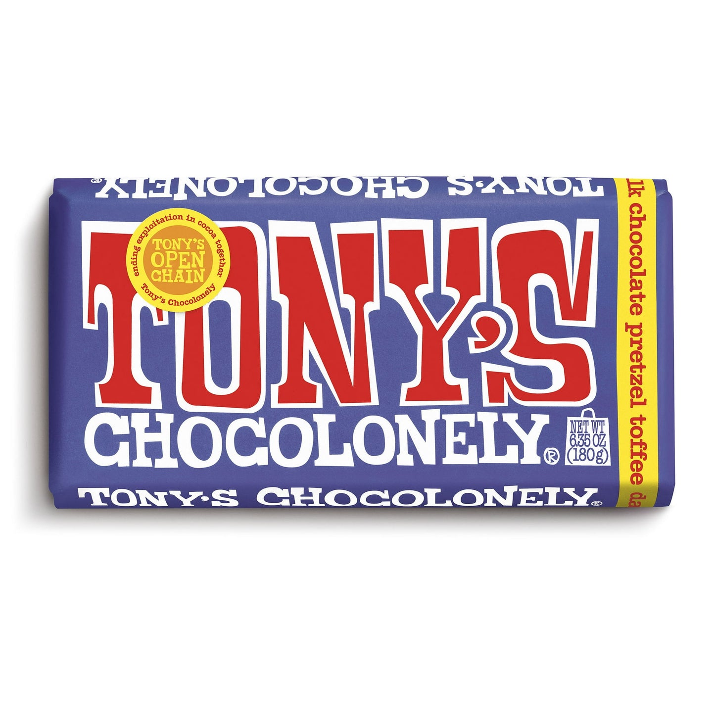 Tony's Chocolonely Dark Milk Chocolate Bar with Pretzel and Toffee, 180g