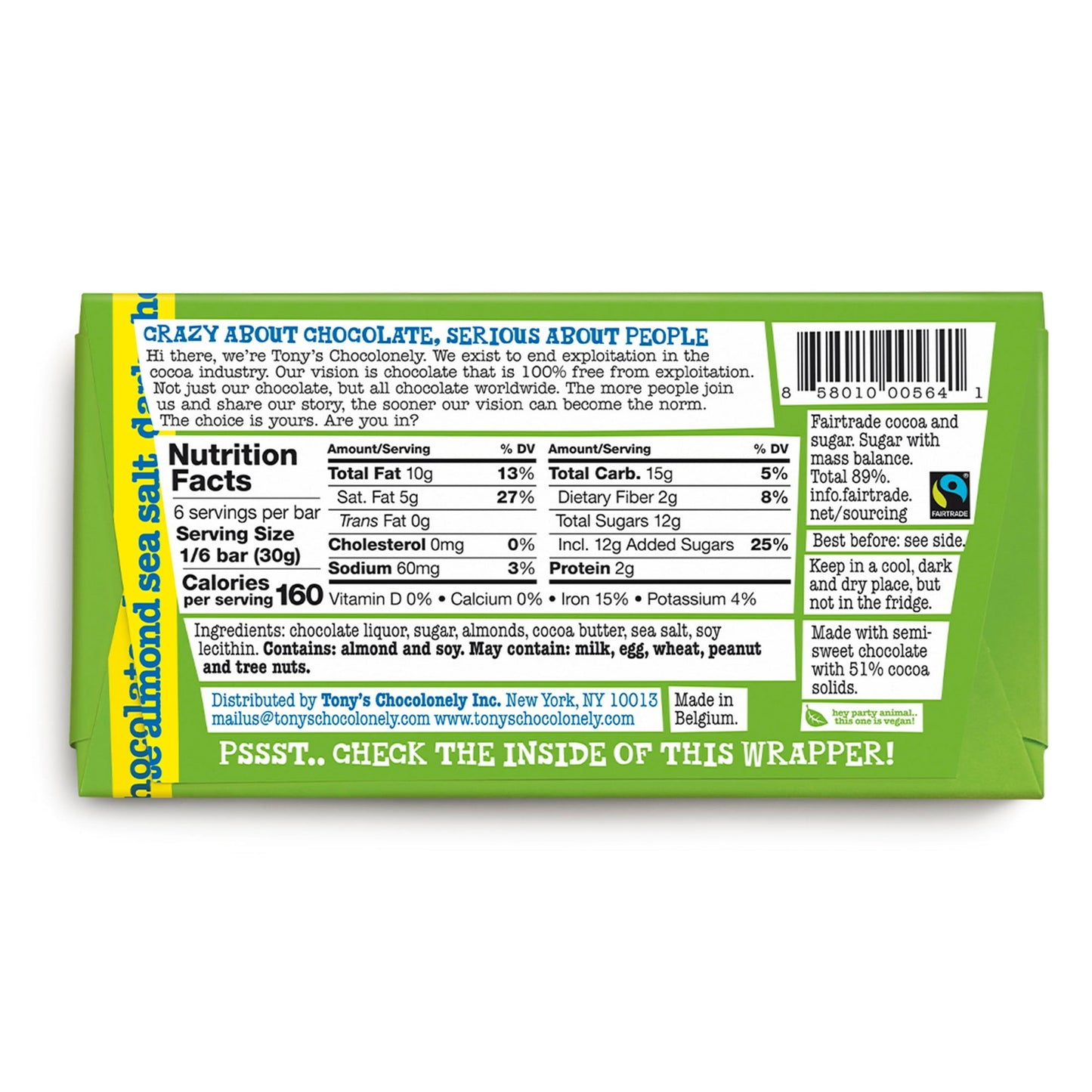 Tablette de chocolat noir 51 % Chocolonely de Tony, aux amandes et au sel de mer, 180 g