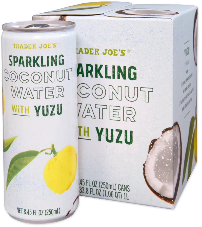 Trader Joe's Sparkling Coconut Water with Yuzu can and box on a white background
