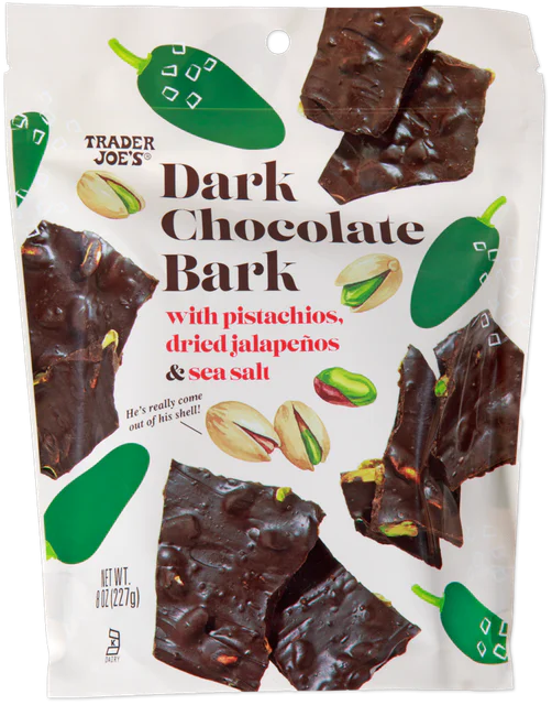 Trader Joe's Dark Chocolate Bark with Pistachios, Dried Jalapeños & Sea Salt, 227g