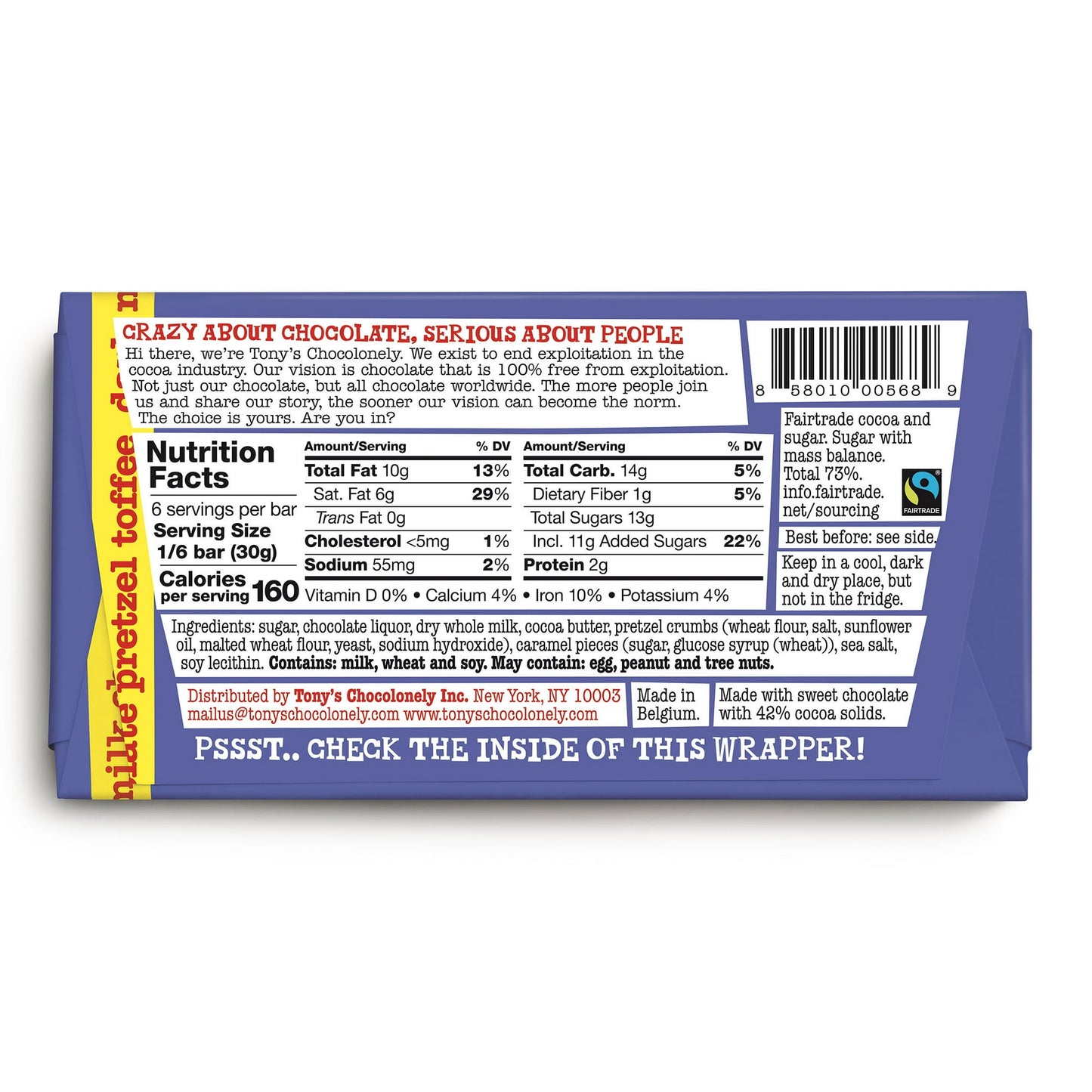 Barre de chocolat au lait noir Chocolonely de Tony avec bretzel et caramel, 180 g