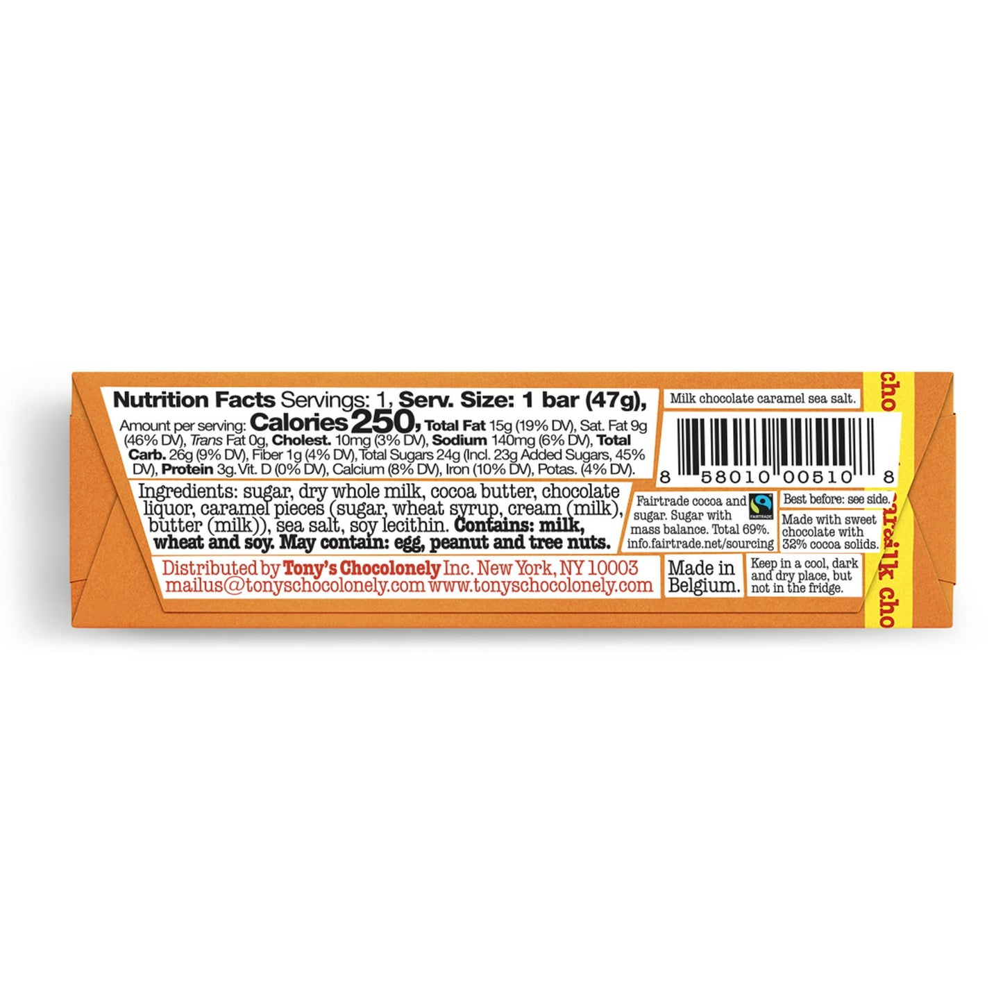 Barre de chocolat au lait Chocolonely de Tony avec caramel et sel de mer, 50 g