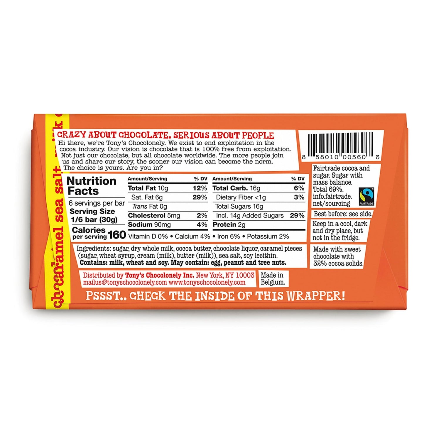 Barre de chocolat au lait Chocolonely de Tony avec caramel et sel de mer, 180 g