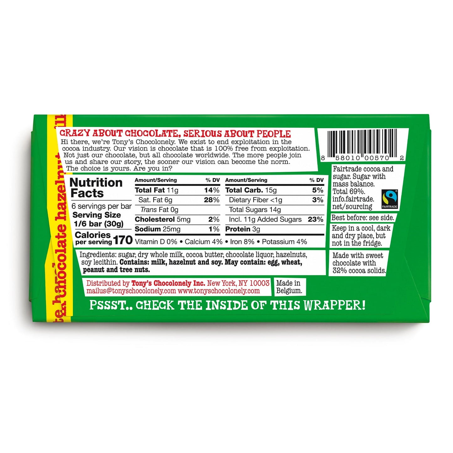 Tablette de chocolat au lait et noisettes Chocolonely de Tony, 180 g