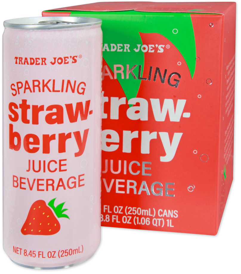 Trader Joe's sparkling strawberry juice beverage can and box on a white background