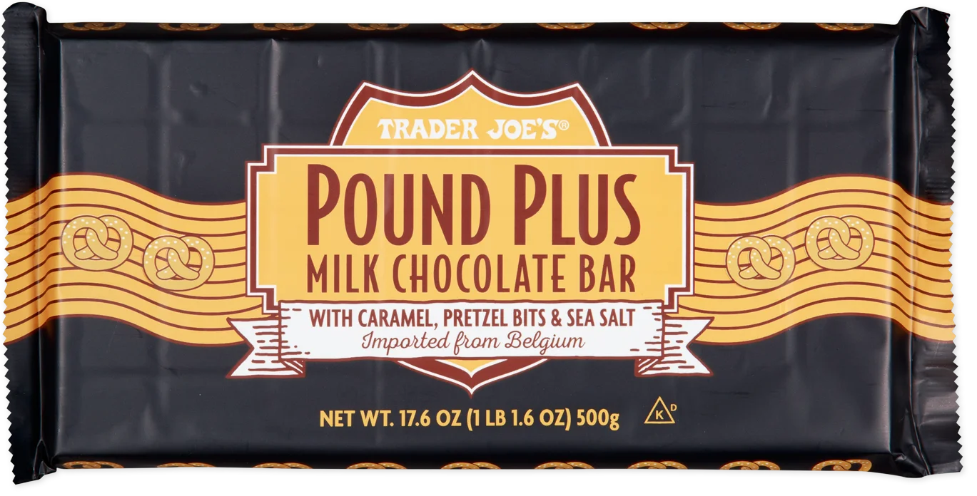 Trader Joe's Pound Plus Milk Chocolate Bar with Caramel, Pretzel Bits & Sea Salt, 500g