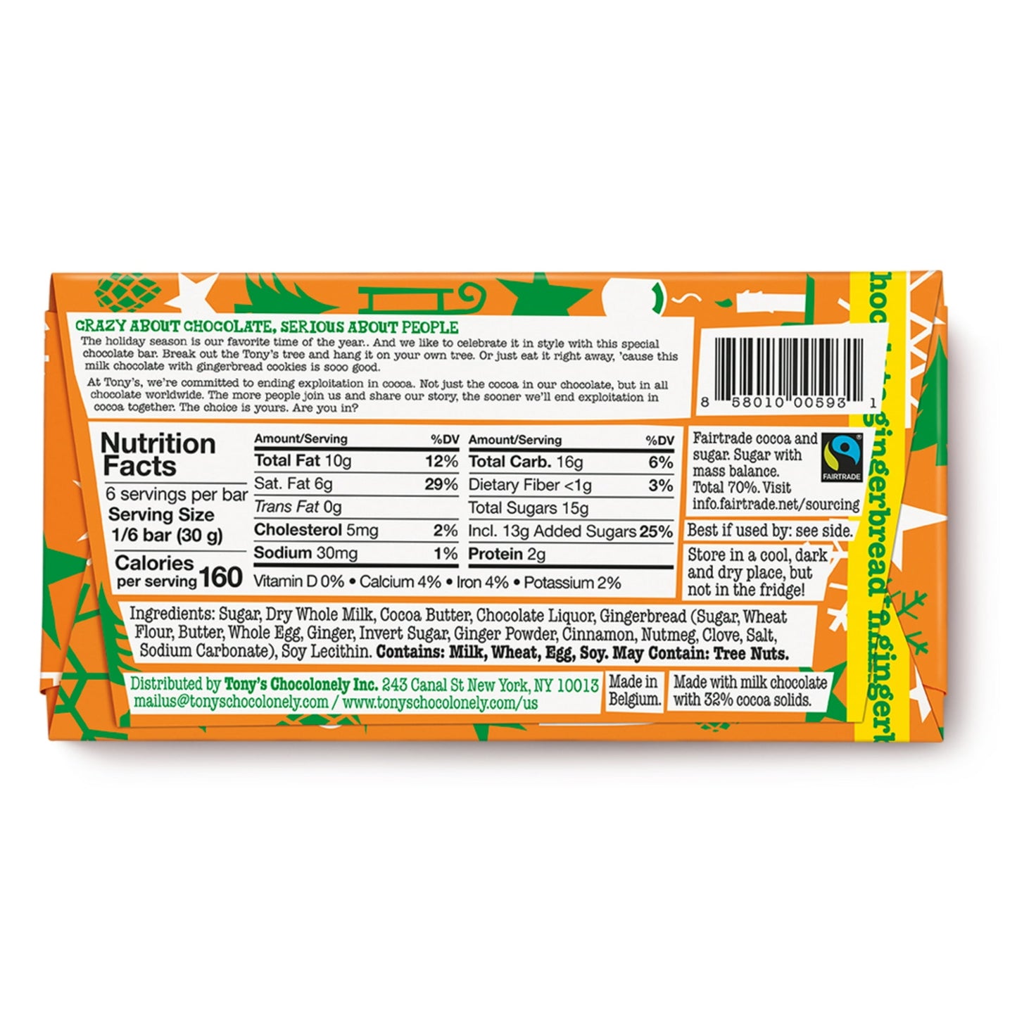 Tony's Chocolonely Milk Chocolate Gingerbread Bar, 180g