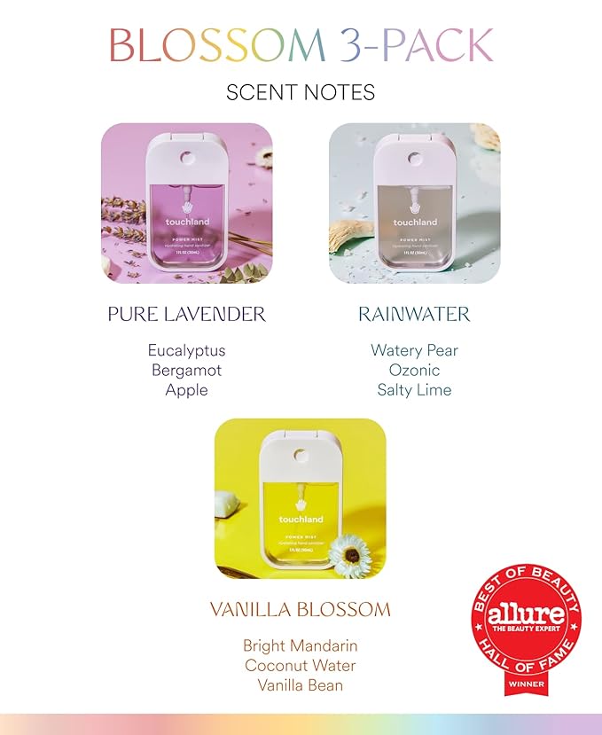 Spray désinfectant hydratant pour les mains Touchland Power Mist, Blossom, lot de 3, 90 ml