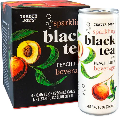 Trader Joe's sparkling black tea with peach juice beverage can and box.