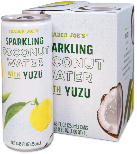 Trader Joe's Sparkling Coconut Water with Yuzu can and box on a white background
