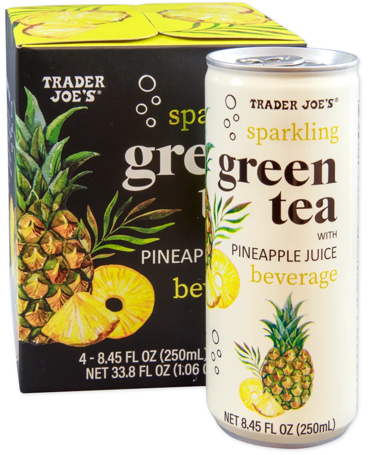 Can of Trader Joe's sparkling green tea with pineapple juice next to its packaging