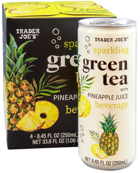 Can of Trader Joe's sparkling green tea with pineapple juice next to its packaging