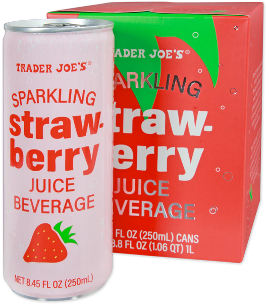 Trader Joe's sparkling strawberry juice beverage can and box on a white background