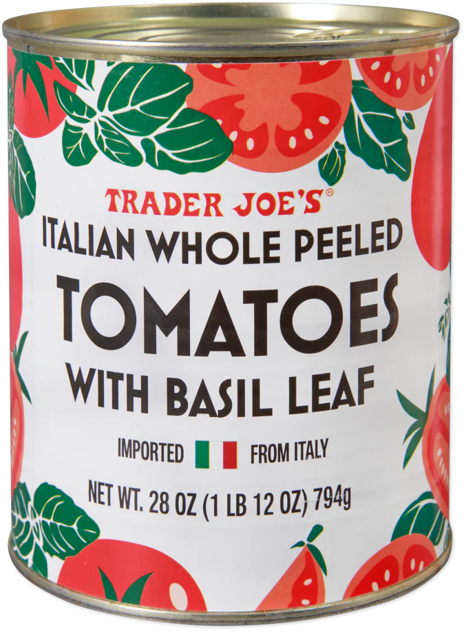 Tomates entières pelées italiennes avec feuille de basilic de Trader Joe's, 794 g 